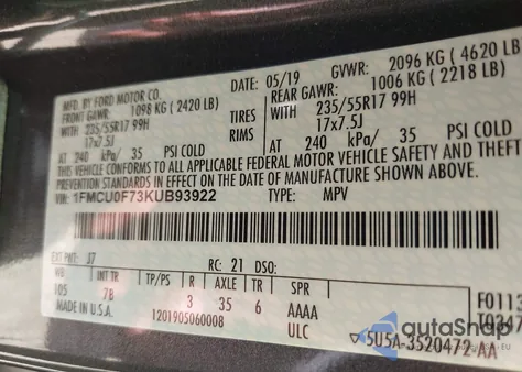 2019 Ford Escape S z USA, uszkodzony, nr VIN 1FMCU0F73KUB93922